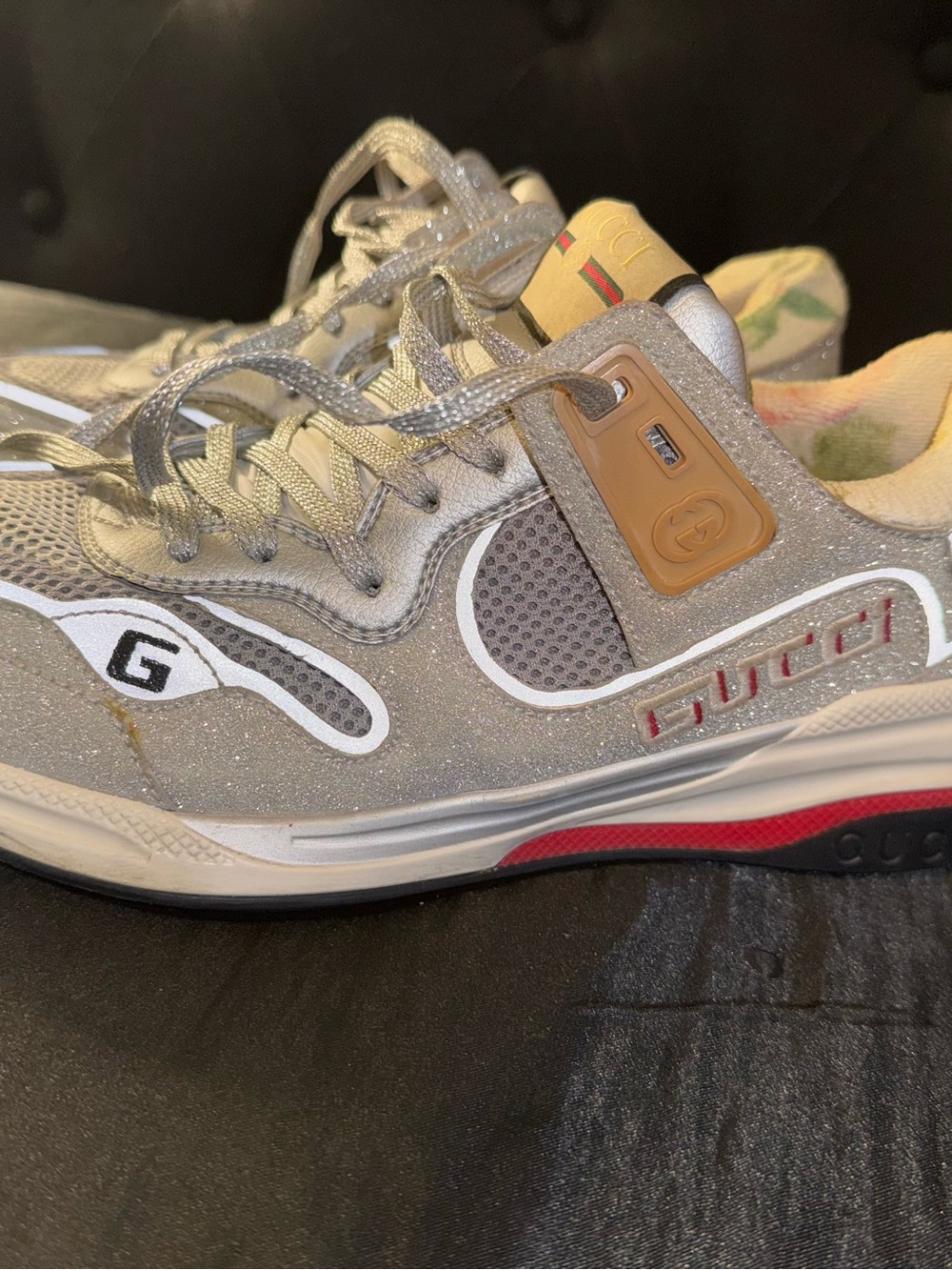 Authentic Gucci Wmns Ultrapace Silver Glitter Runner Sneakers